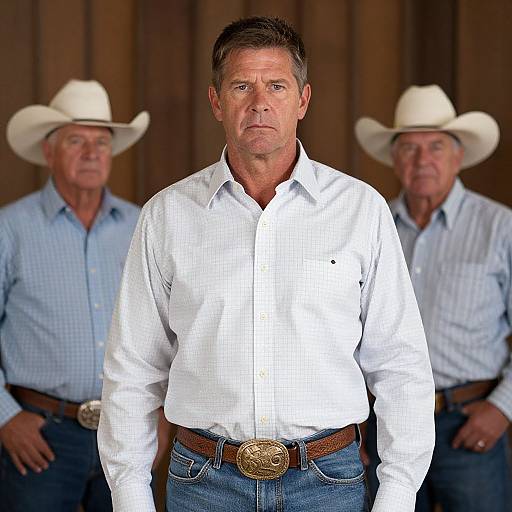 Photograph of three middle-aged men in white shirts and cowboy hats, with the central man in focus, standing against a wooden background.