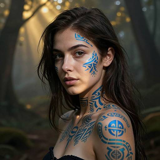 Photograph of a young woman with long, dark hair, blue tribal tattoos on her face and shoulders, standing in a misty forest with sunlight filtering