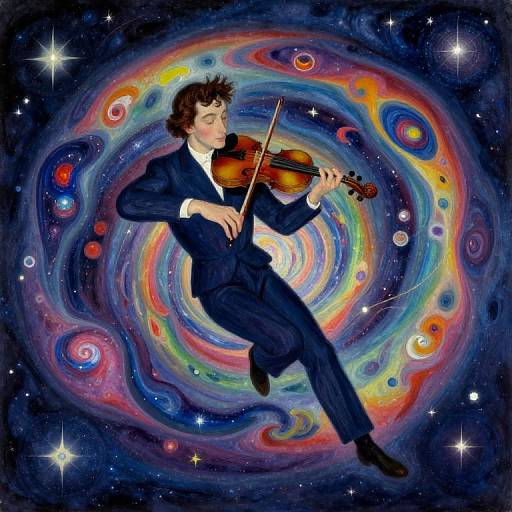 Digital painting of a man in a dark suit playing violin, floating in a vibrant, swirling cosmic background with stars and planets.