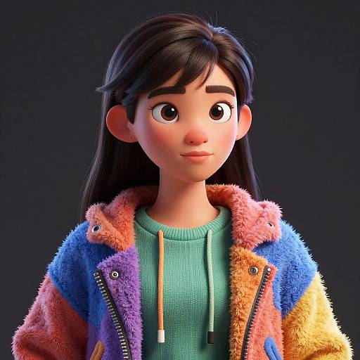Digital 3D portrait of a young girl with large eyes, wearing a colorful, fuzzy jacket over a green hoodie, against a dark background.