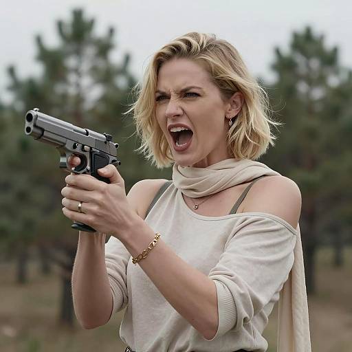 Blonde Woman Holding Handgun Outdoors