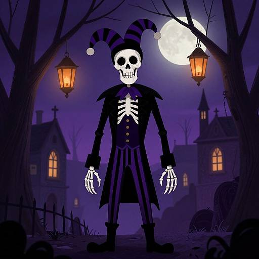 Digital illustration of a skeletal, Jack-o'-lantern-headed figure in a black, striped jester outfit, standing in a spooky, purple-lit