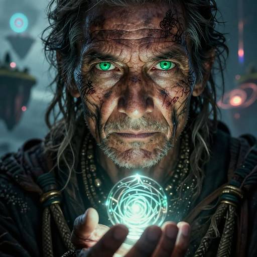 Photorealistic CGI of a rugged, scarred man with intense green eyes holding a glowing, circular magical artifact, set against a dark, futuristic background