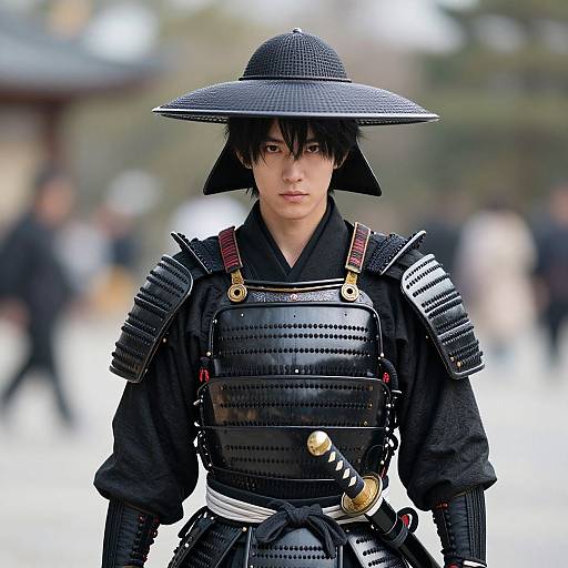 Photograph of a stern-faced male samurai with black hair, wearing traditional Japanese armor, black kimono, and wide-brimmed hat, standing