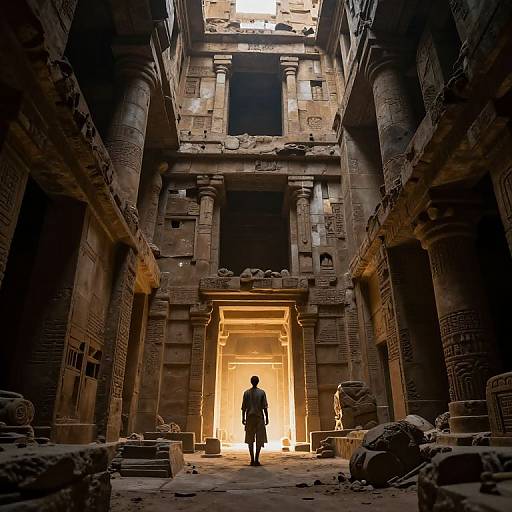 Photograph of a silhouette standing in a brightly lit ancient Egyptian temple entrance, surrounded by dark, weathered stone columns and rubble.
