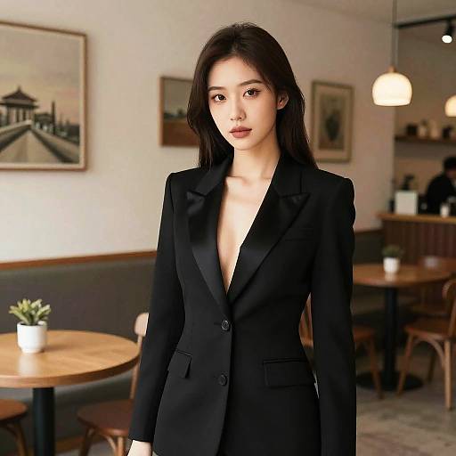 Woman in Black Blazer Dress in Bohemian Café