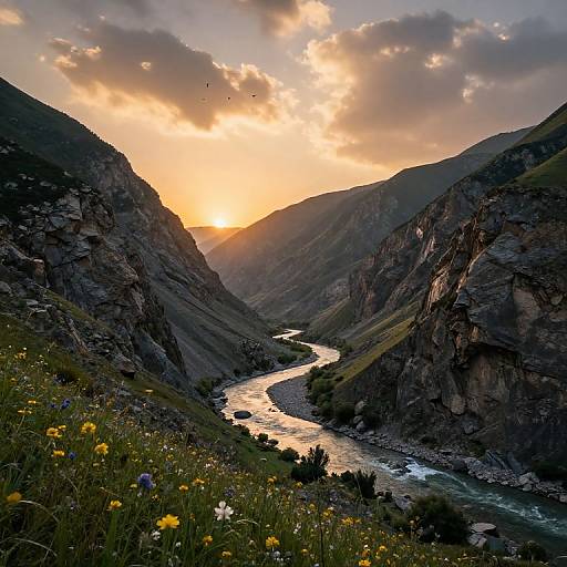 Photograph of a mountain valley at sunset, with a winding river, colorful wildflowers in the foreground, and a bright orange sky.