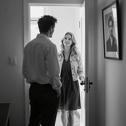 Man and Woman in Doorway Black and White