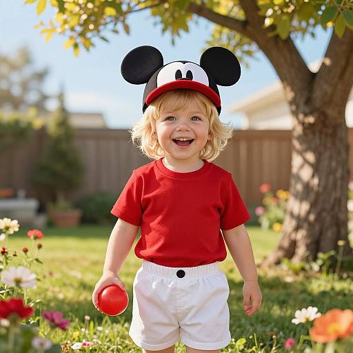 Photograph of a smiling blonde toddler in a red shirt, white pants, and Mickey Mouse hat, holding a red ball in a sunny garden with flowers