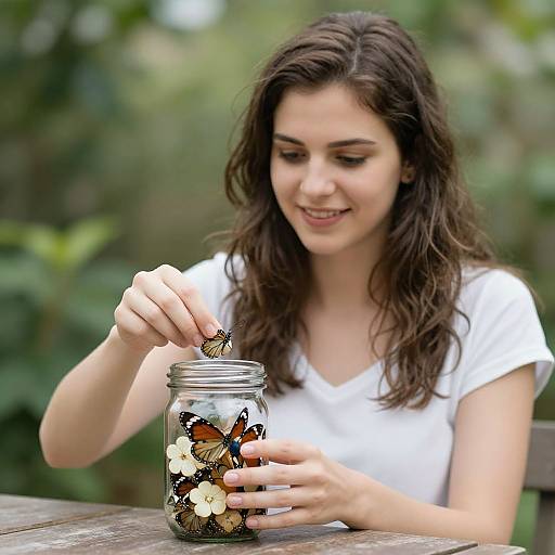 Young woman with wavy brown hair, wearing a white shirt, releasing a butterfly from a jar with colorful butterflies and flowers. Outdoor setting, blurred green