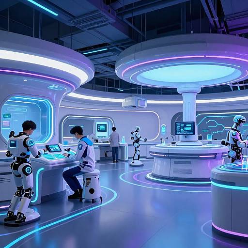 Futuristic Sci-Fi Laboratory with Robotic Assistants