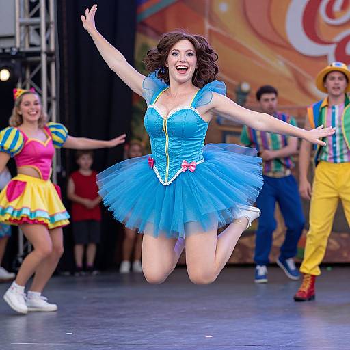 Photograph of a joyful woman with curly brown hair, wearing a blue, puffy Cinderella-style dress, mid-jump on stage, surrounded by