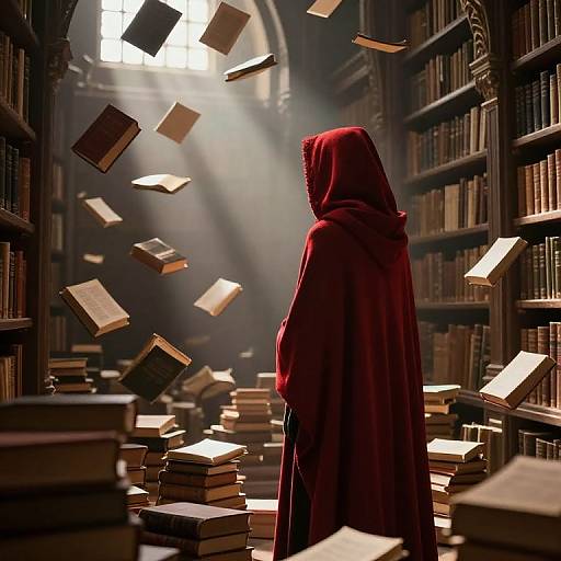 Solitary Hooded Figure in Ethereal Library