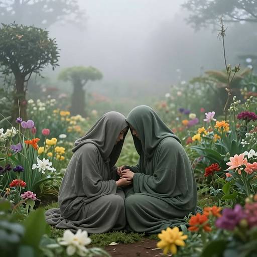 Photograph of two robed figures, facing each other, holding hands in a misty, colorful garden filled with blooming flowers.