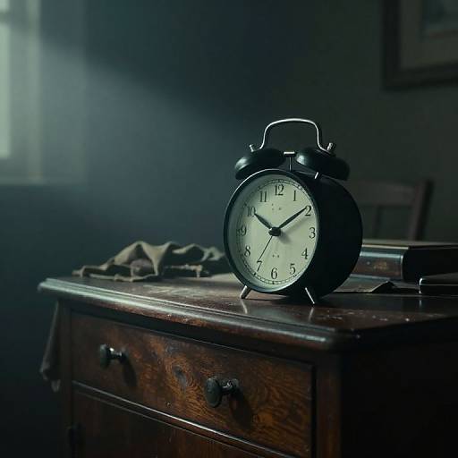 Photograph of a vintage black analog alarm clock with white face, standing on a dark wooden dresser in dimly lit room.
