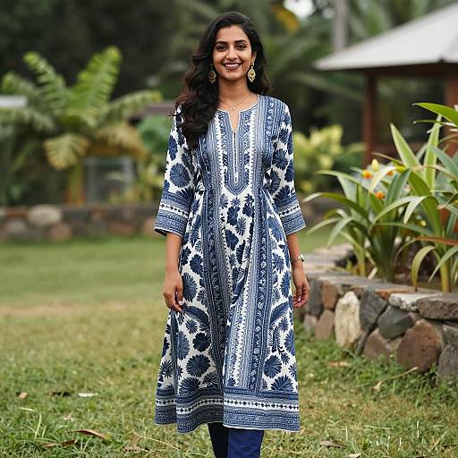 Smiling Woman in Blue Patterned Outfit