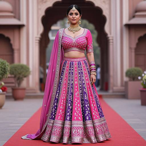 Photograph of an Indian woman in vibrant pink and purple traditional lehenga with silver embroidery, gold jewelry, and bindi, standing on a red carpet