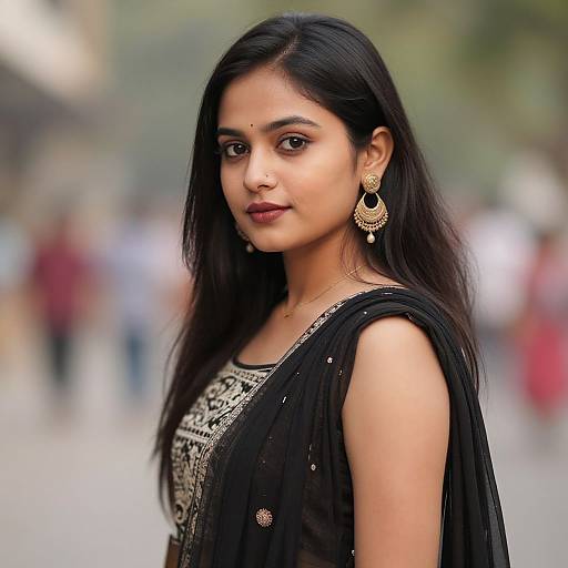 Photograph of an Indian woman with long black hair, dark brown eyes, wearing a black saree with gold embroidery, and ornate gold earrings,