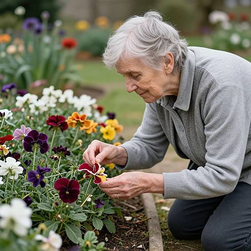 Photograph of an elderly woman with white hair, wearing a gray sweater, gently tending vibrant pansies in a lush garden.
