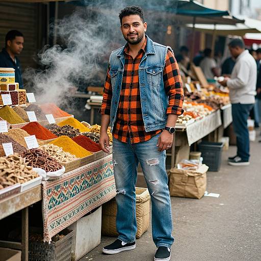 Photograph of a bearded man with short dark hair, wearing a denim vest over an orange plaid shirt and ripped jeans, standing at a bustling
