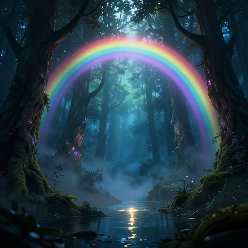 Digital fantasy artwork: A vibrant rainbow arcs over a misty, enchanted forest with a glowing moon, reflecting in a calm river.