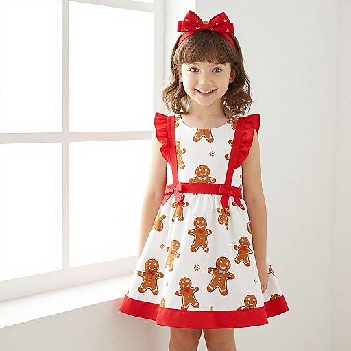 Photograph of a smiling young girl with brown hair, wearing a white dress with red gingerbread man print, red puffed sleeves, and a red