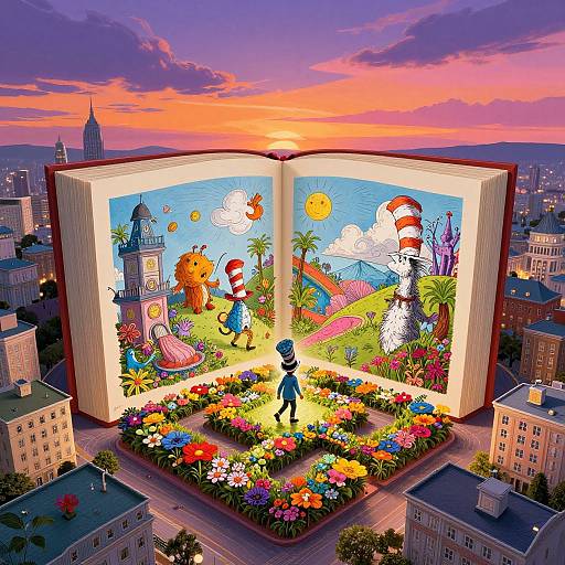 Vivid digital illustration of a giant open book with whimsical, colorful illustrations of Dr. Seuss characters, set against a sunset cityscape, with