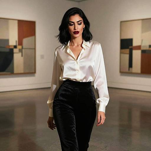 Photograph of a confident woman with dark hair, wearing a white satin blouse and black velvet pants, walking in an art gallery with modern abstract paintings on