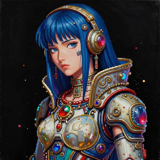 Digital anime-style portrait of a blue-haired woman in ornate, colorful, futuristic armor with glowing gemstones, wearing headphones, against a black background.