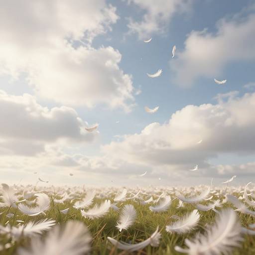 Photograph of a bright sky with fluffy white clouds, surrounded by a field of gently floating white feathers on green grass.