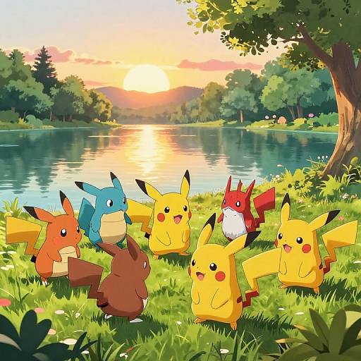 Digital drawing of seven Pokémon (Pikachu, Raichu, Eevee, Charmander, Bulbasaur, Cyndaquil,