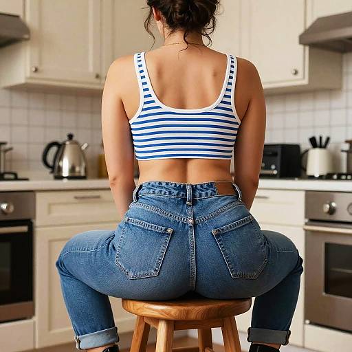 Photograph of a woman with dark hair in a bun, wearing a striped crop top and high-waisted jeans, sitting on a wooden stool in