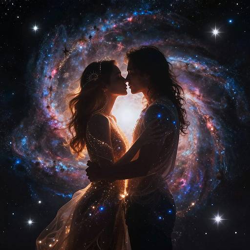Silhouetted couple kissing against a vibrant, glowing galaxy background, with colorful nebula and stars, creating a cosmic romantic scene.