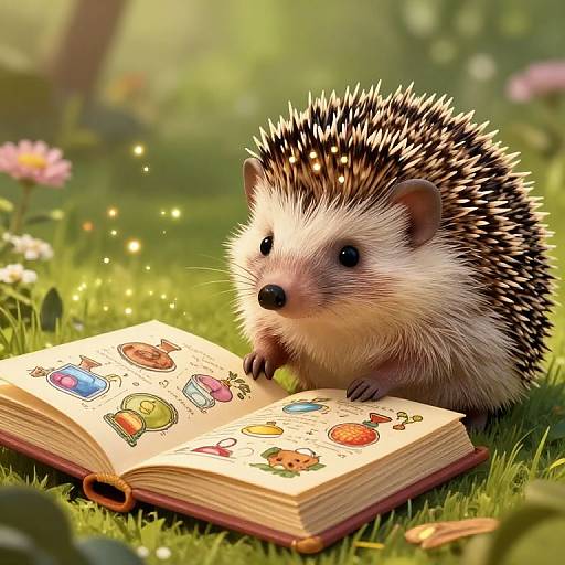 Digital illustration of a cute hedgehog with black and white spines, reading an open colorful children's book on green grass, surrounded by soft sunlight and