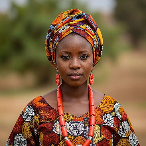 Photograph of a dark-skinned African woman with a colorful, patterned headwrap and dress, wearing red beaded earrings and necklace, standing against