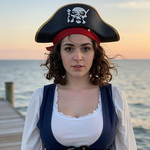 Photograph of a young woman with curly brown hair, fair skin, wearing a pirate hat with a skull, black vest, white blouse, and red
