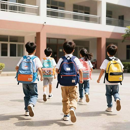 Kids with Colorful Backpacks Running to School