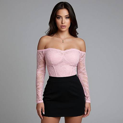 Photograph of a woman with dark hair, wearing an off-shoulder pink lace top and black high-waisted skirt, against a plain gray