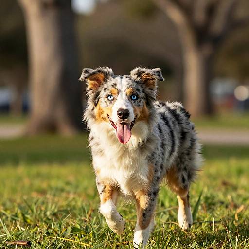 Sunlit Playful Blue Merle Puppy Portrait