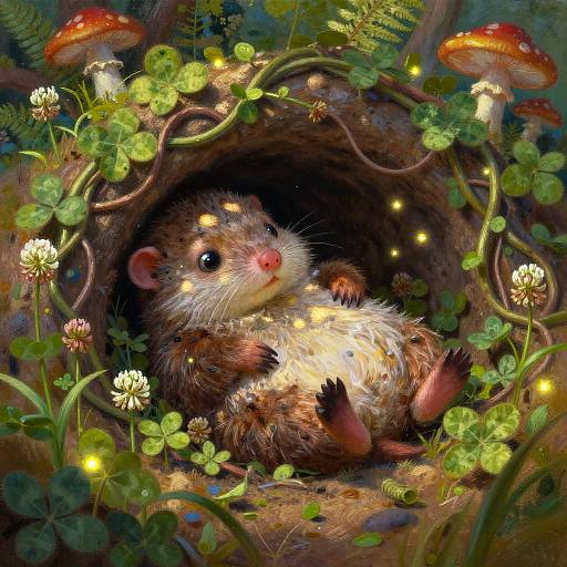 Digital painting of a cute, chubby, furry rodent with glowing eyes, lying in a dark forest tunnel, surrounded by mushrooms, clovers, and