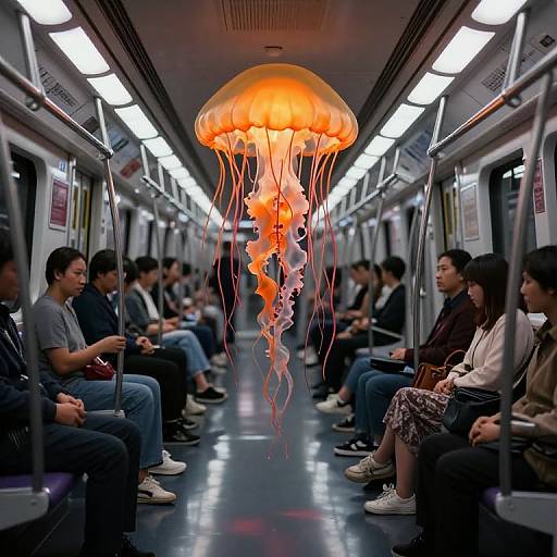 Photograph of a subway car with passengers, featuring a large, glowing, orange jellyfish with long, flowing tentacles hanging from the ceiling.