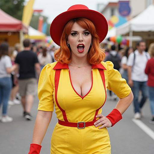 Photograph of a red-haired woman in a yellow, deep V-neck dress with red accents and hat, standing in a busy street festival, mouth open