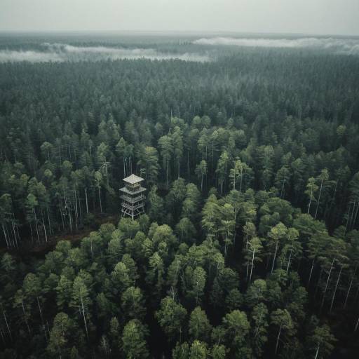 Aerial view of misty swamp forest with hidden watchtower