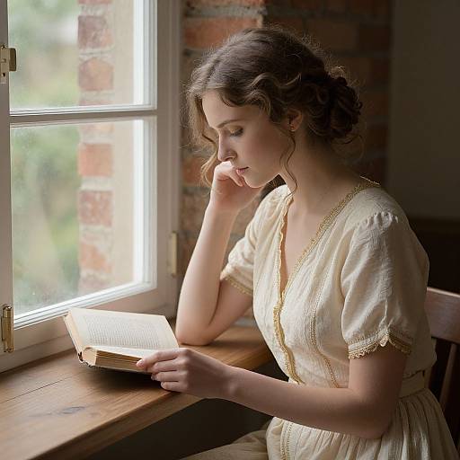 Photograph of a young woman with wavy brown hair, wearing a cream-colored dress with gold trim, reading by a sunlit window in a brick