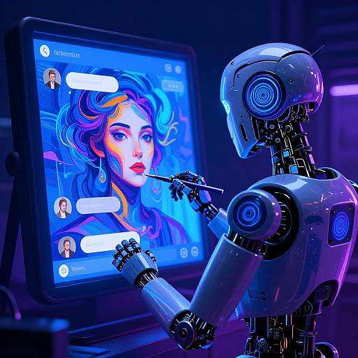 Photorealistic digital art: A blue-lit, white robot with glowing eyes and mechanical arms paints a vibrant, digital portrait of a woman with w