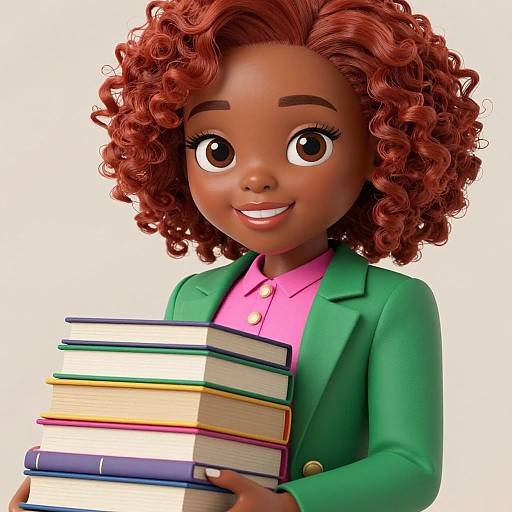 Digital illustration of a smiling, dark-skinned, curly-haired girl in a green blazer and pink shirt, holding a stack of colorful books.