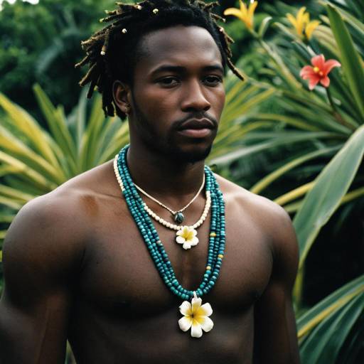 Portrait of Shirtless Man with Beaded Necklaces