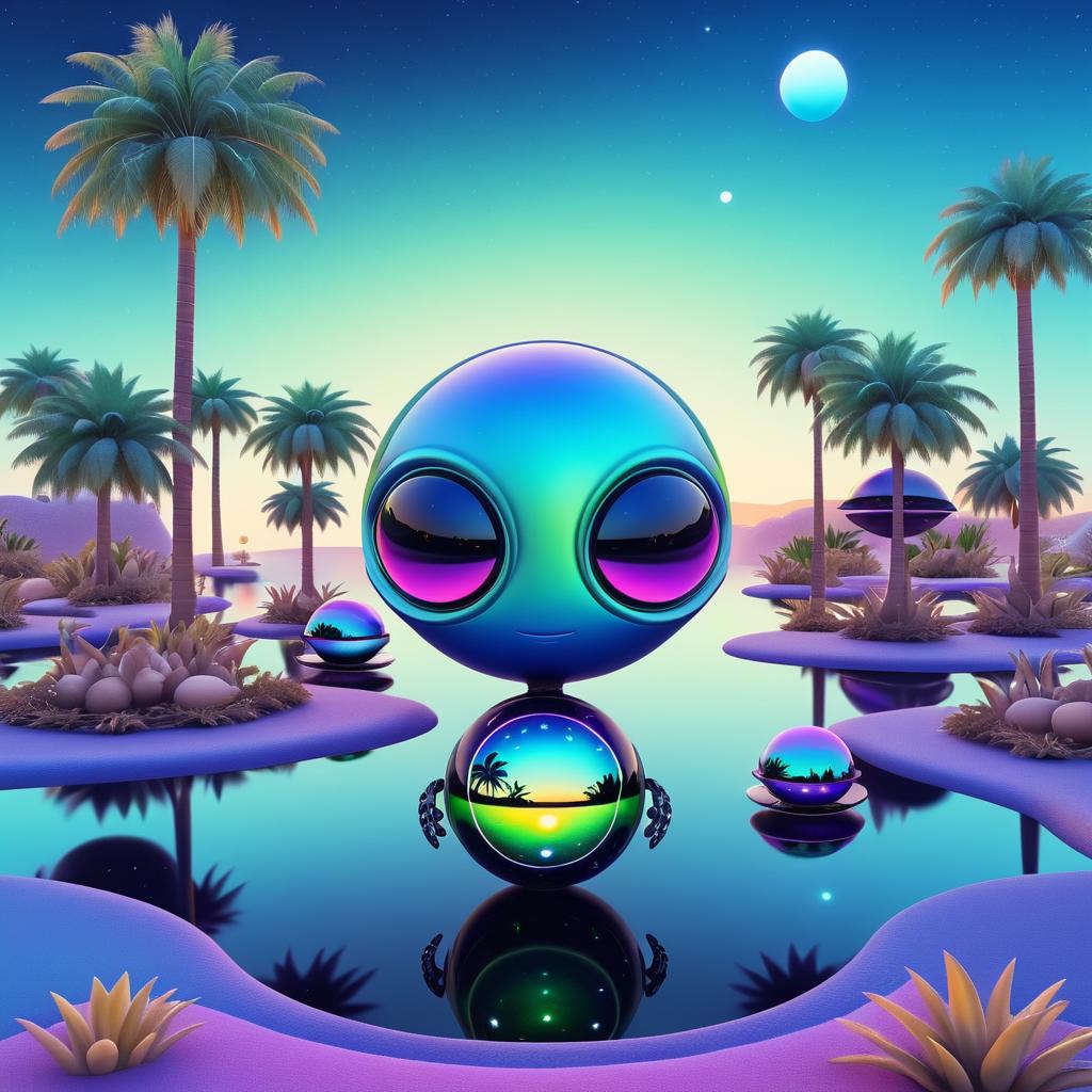 Cute Alien in Surreal Palm Landscape