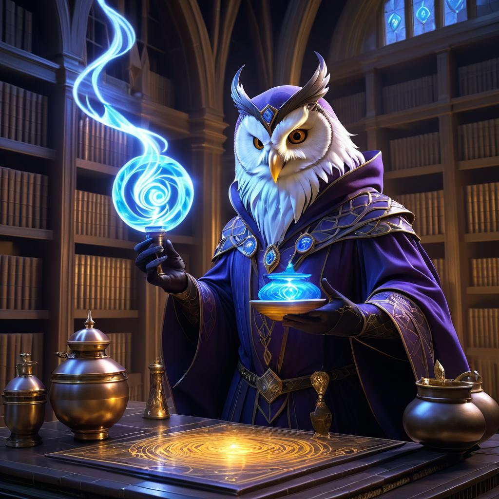 Owl Mage Brewing Potions in Library