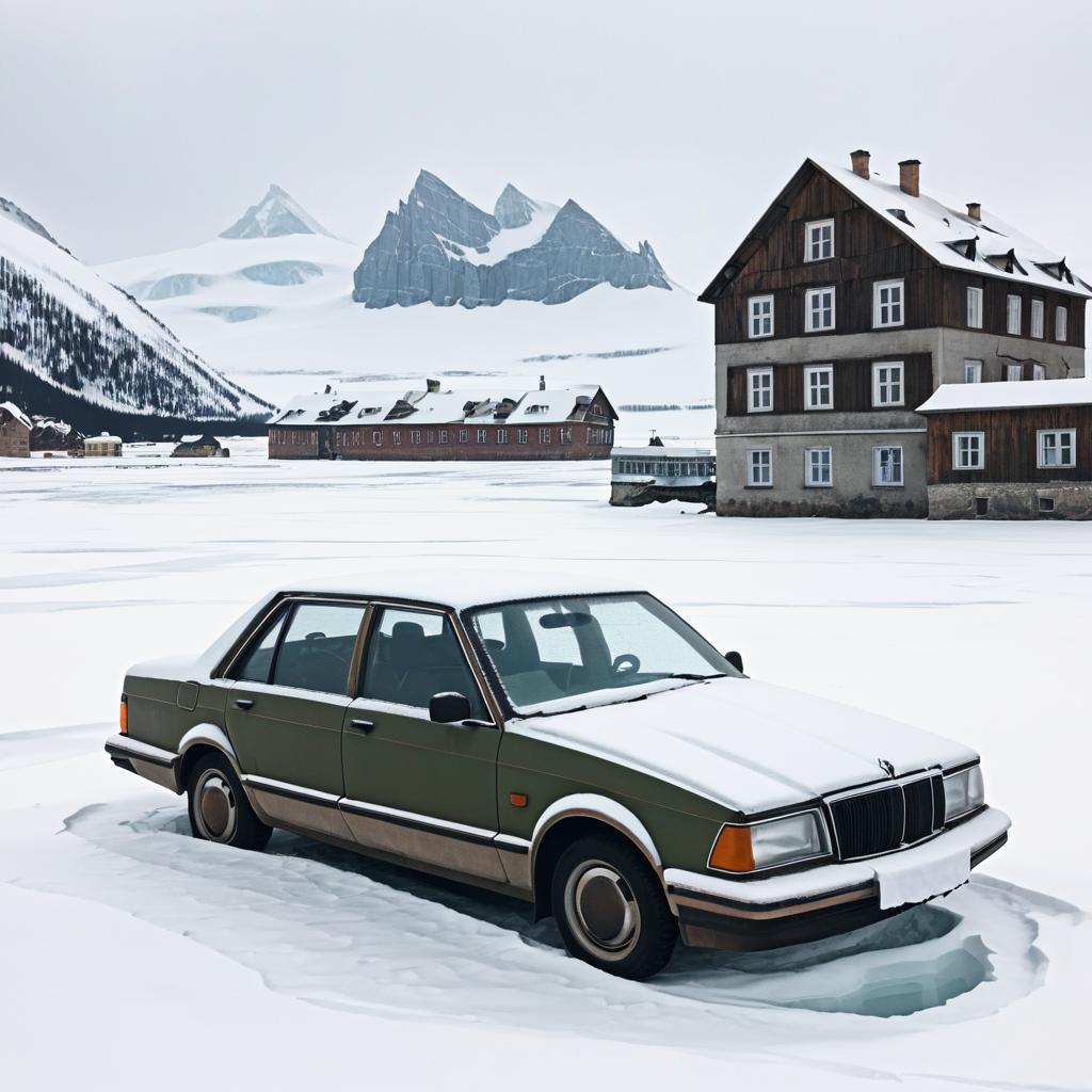 Vintage German Sedan in Snowy Ghost Town